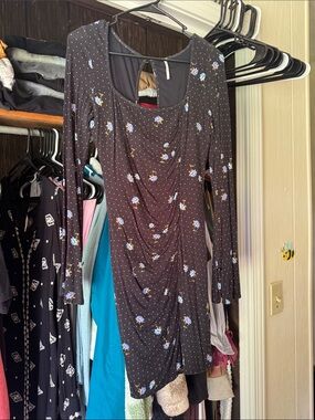Free People Black Floral Ruched Long Sleeve Dress
